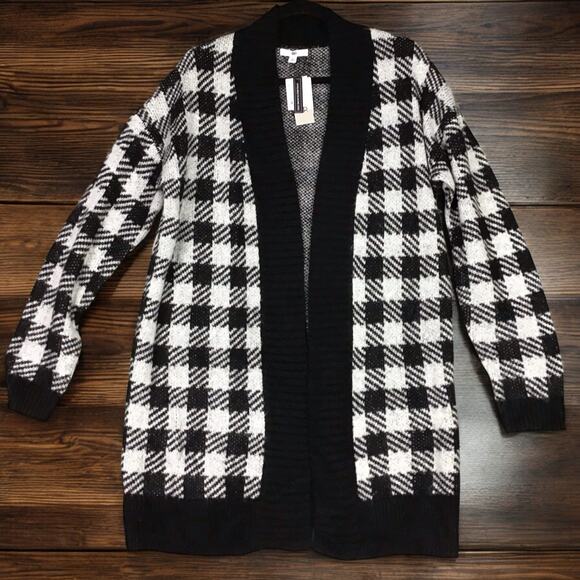 BP Women’s Cardigan L Black White Buffalo Check Plaid Open Front Sweater NWT - Picture 1 of 9